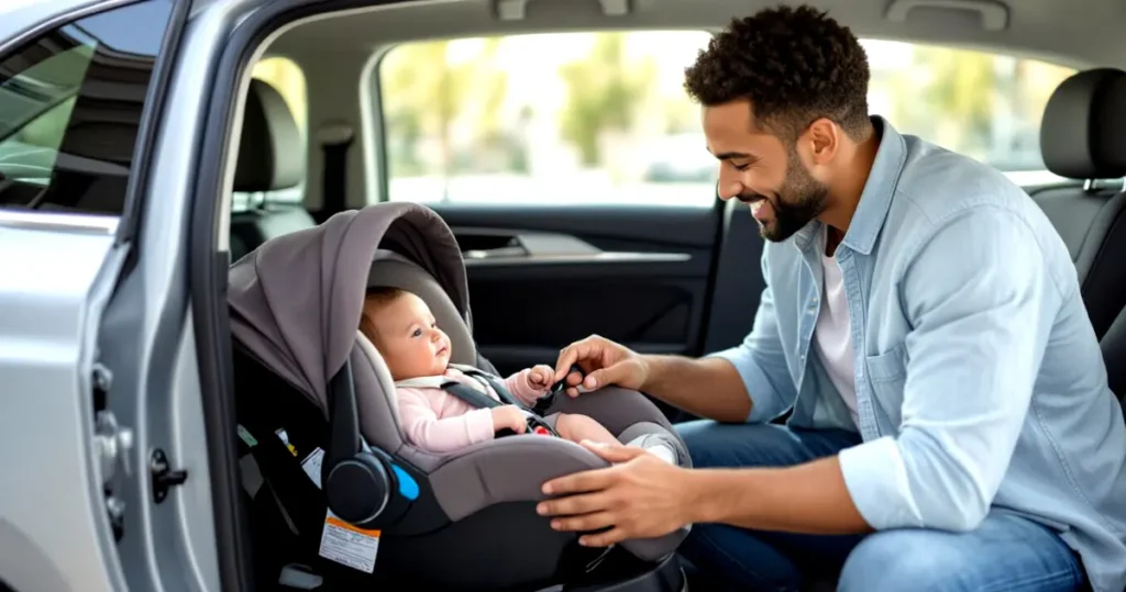 Essential Newborn Care: A Comprehensive Guide for Parents 9 Father setting car seat